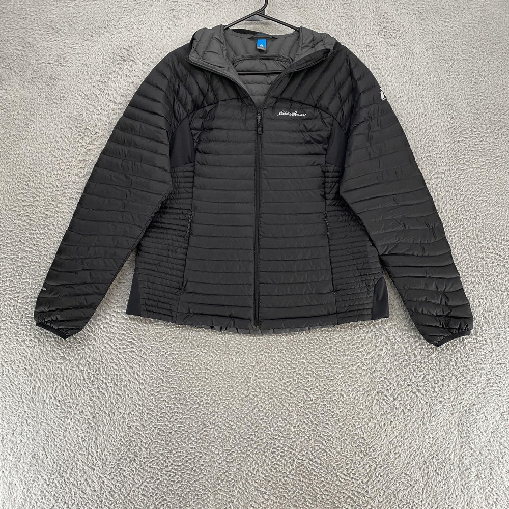Eddie Bauer Down Puffer Jacket Womens XL Black Hoodie Lightweight First Ascent